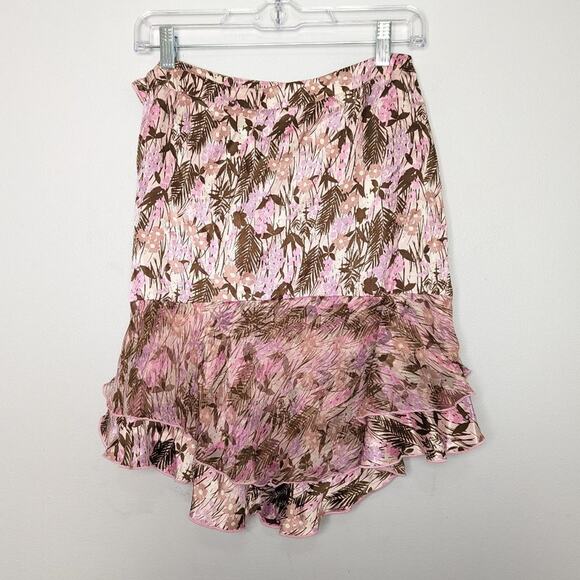 Fray Pink Palm Leaf Print Silk Layered Mini Skirt Side Zip Size 4 - Picture 2 of 10